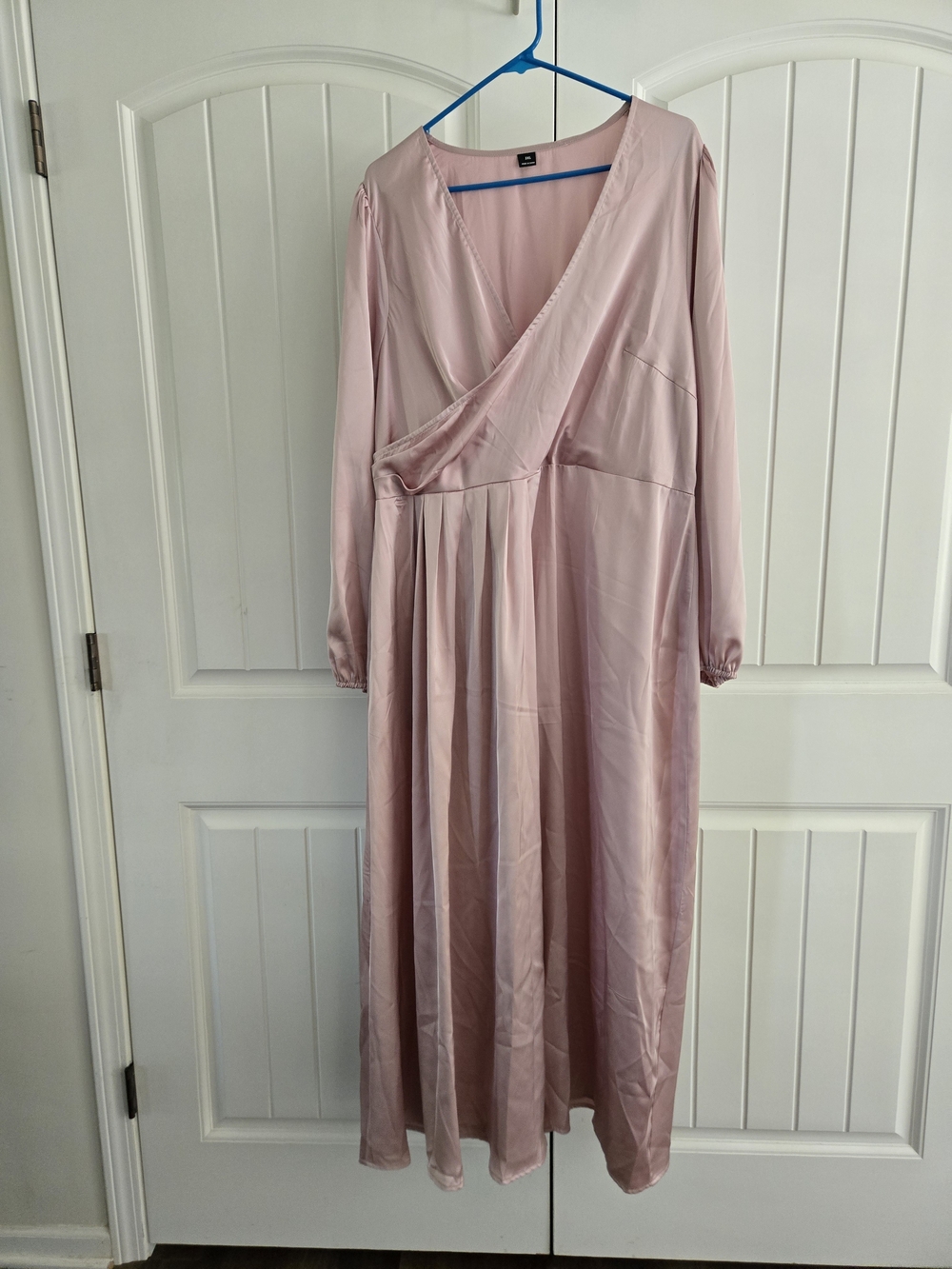Silky Blush Pink Pleated Faux Wrap Maxi Gown Long Sleeve
